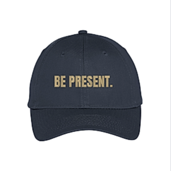 Navy Be Present cap with gold lettering