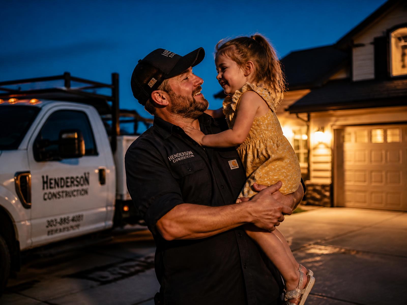 Contractor lifting his daughter in the driveway at golden hour beside his work truck